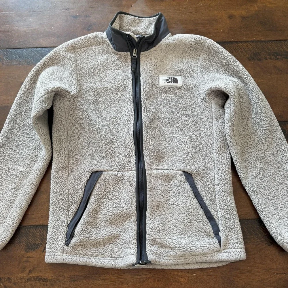 North Face Jacket Boys XL 18/20 Beige Sherpa Fleece Full Zip Winter Coat Hi-pile